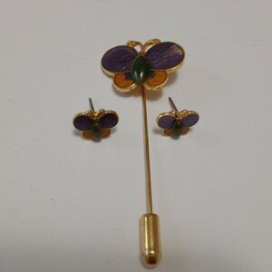 Vintage Butterfly Brooch & Stud Earrings Set Purple Enamel Gold Tone Green Stone